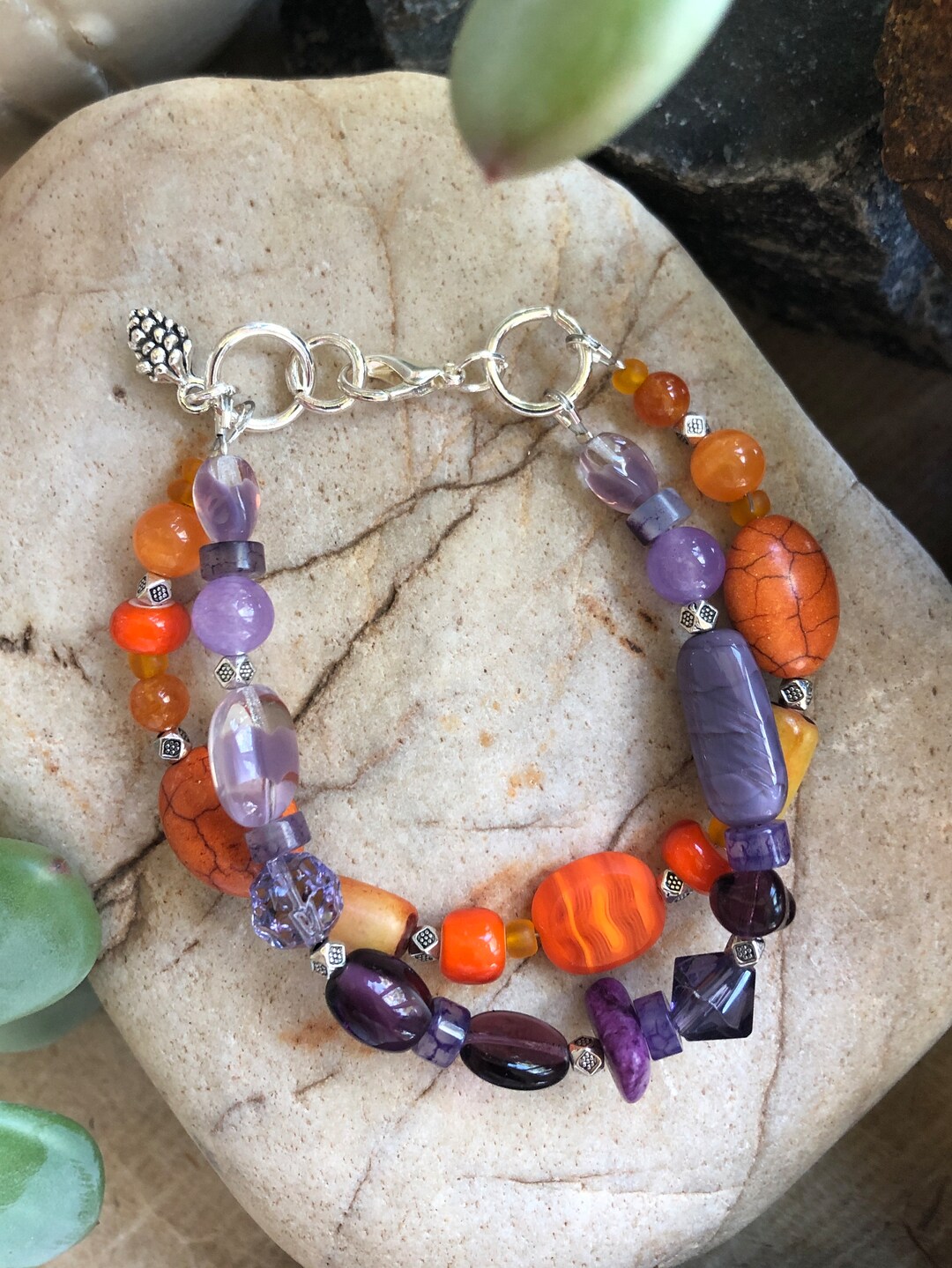 Double Strand, Beaded Bracelet for Women. Purple and Orange Bracelet