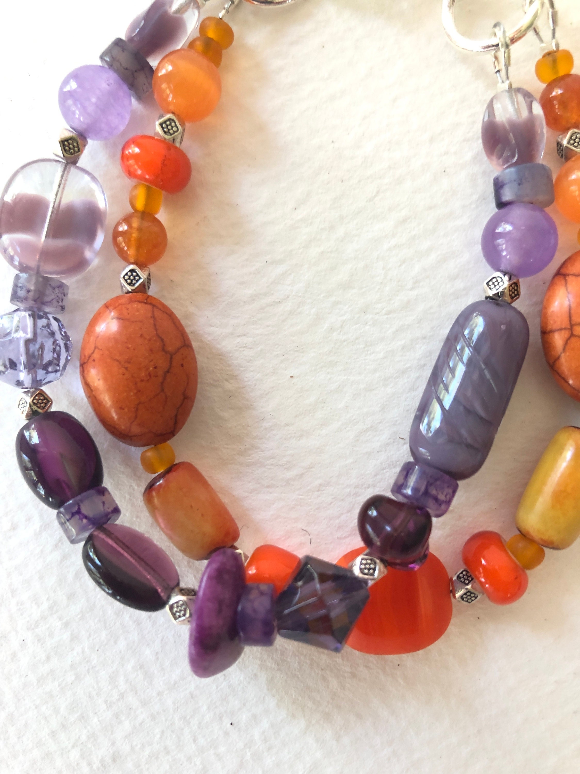 Double Strand, Beaded Bracelet for Women. Purple and Orange Bracelet