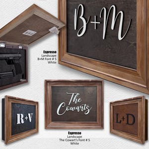 May include: Wooden framed display cases with personalised text. One case is open, revealing a handgun. Other cases feature white lettering with initials and names. The frames are in various wood tones.