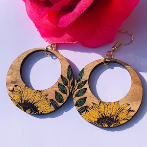 Sunflower Earrings for Women, Hand Painted Mahogany Wood Jewelry, Homemade Floral Earrings, Sunflower Wedding Bridesmaid Gift