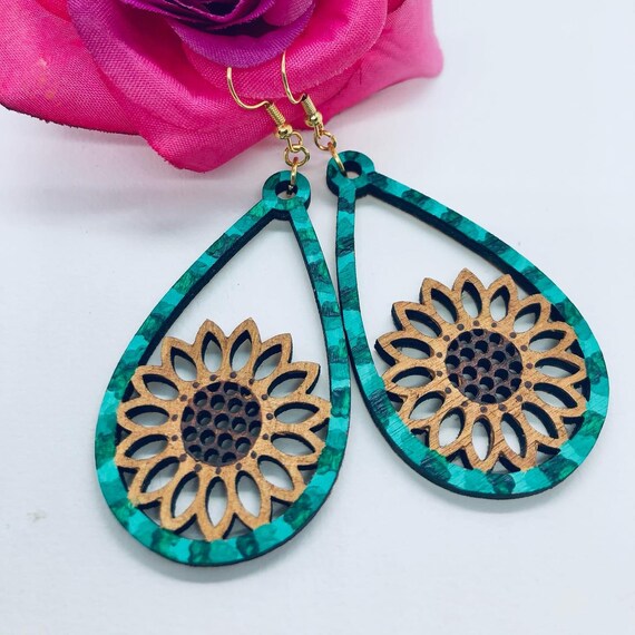 Natural Sunflower Earrings for Women, Hand Painted Mahogany Wood Laser Cut Earrings, Homemade Alt Floral Teardrop Jewelry