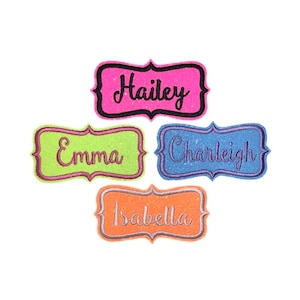 Custom Embroidered Personalized Name Patch Tag - NEON Sparkling Glitter - Iron On Or Sew On - Choose Your Glitter and Thread Color (1 Patch)