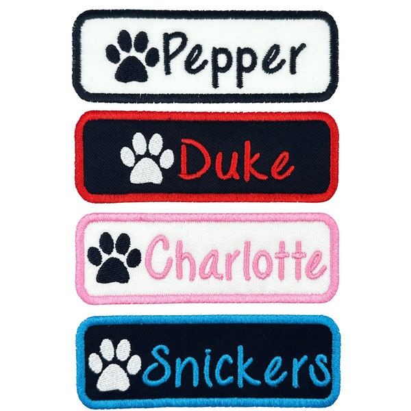 Name Patch With Paw Print Custom Embroidered - Iron On Or Sew On - Choose Black/White Fabric And Thread Color(1 Patch)