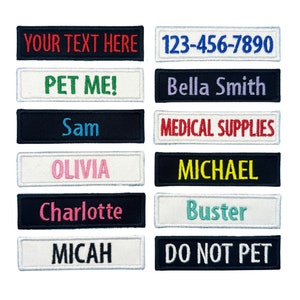 May include: A collection of embroidered name patches in various colors. Text includes names like Olivia, Michael, and Charlotte, along with phrases such as "Your Text Here," "Pet Me!," and a phone number. The patches are rectangular with a contrasting border.