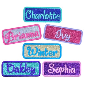 Name Patch Custom Personalized Sparkling Glitter Embroidered Iron On  - For Backpacks, Jackets, Lunch Bags Etc (1 Patch)