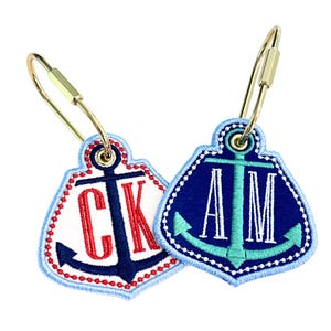 Bag Charm - Custom Coastal Summer Anchor Embroidered Monogram Initials Bag Tag, Purse Charm, Keychain