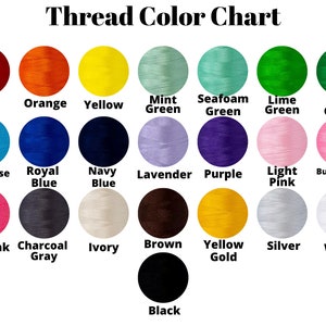 May include: Thread color chart with 20 different colors of thread spools. The colors include red, orange, yellow, mint green, seafoam green, lime green, kelly green, turquoise, royal blue, navy blue, lavender, purple, light pink, bubblegum pink, hot pink, charcoal gray, ivory, brown, yellow gold, silver, and white.