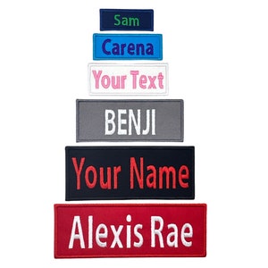 May include: Six embroidered name tags in various colors, including red, black, gray, white, blue, and pink. The tags are stacked on top of each other, with the text "Alexis Rae", "Your Name", "BENJI", "Your Text", "Carena", and "Sam" visible.