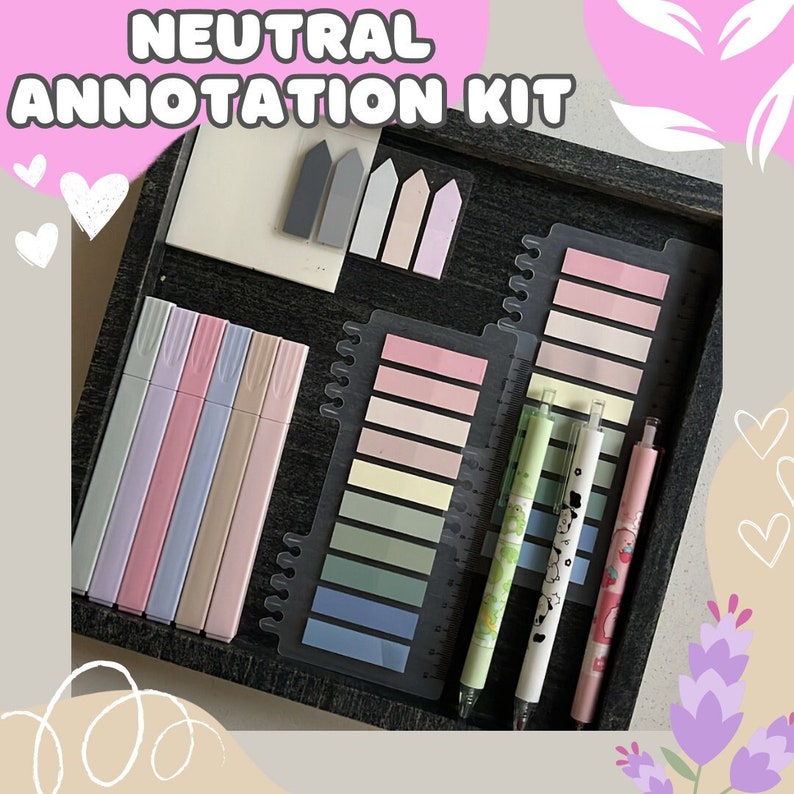 May include: A neutral annotation kit featuring pastel highlighters, sticky notes, and pens. The kit includes a variety of colors, such as pink, blue, and green. The text "NEUTRAL ANNOTATION KIT" is displayed at the top of the image.
