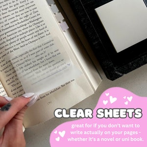 May include: Clear, transparent sheets are shown over the pages of a book. The text "CLEAR SHEETS" is displayed in a pink bubble with white hearts. The sheets are designed for writing without marking the original pages.