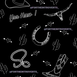 May include: Black and white illustration of various western themed items including a cowboy hat, a horseshoe, a lasso, a cowboy boot, a cactus, and a skull with horns. The text "Yee Haw!" and "@fortheintroverts_" is also included in the image.