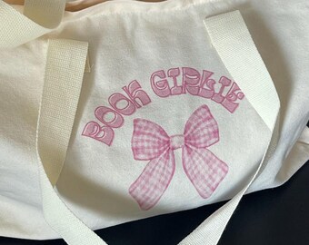 White Book Bag: Book Girlie Tote with Pink Bow