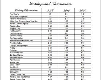 List of Holidays/Observations USA and International dates of 2018-2020,Script Font 8.5”x11",Planner Insert, Instant Download, Printable, PDF