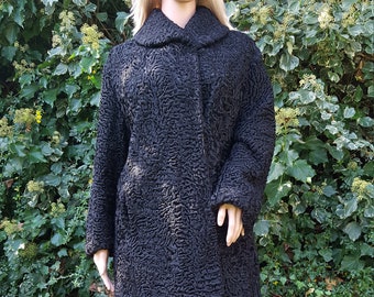 Vintage Perzische Astrakhan lange zwarte bontjas maat M / UK 10; 12 ; 14