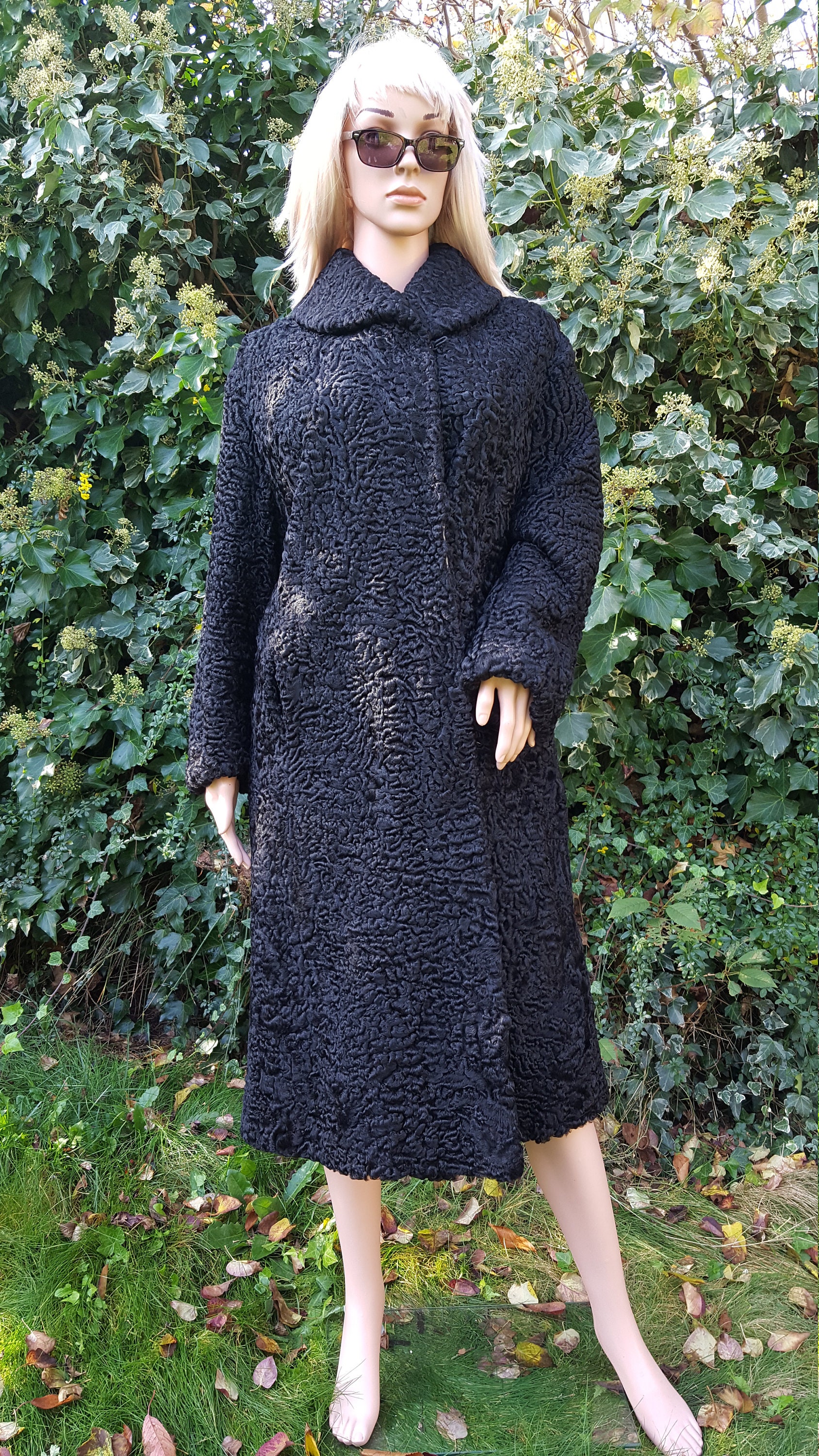 Vintage Persian Astrakhan Long Black Fur Coat Size M/ UK 10; 12