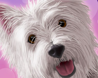 Puede incluir: Primer plano de un perro West Highland White Terrier blanco con ojos marrones y la lengua rosa que sobresale. El perro mira directamente a la cámara con una expresión feliz. El fondo es rosa suave con círculos blancos.