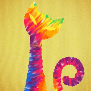 May include: A tie-dye cat silhouette in shades of purple, pink, orange, yellow, and blue against a yellow background. The cat's tail is curled, and the overall design has a textured appearance.