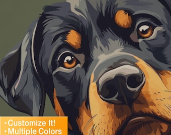 Może przedstawiać: Zbliżenie na twarz psa rasy Rottweiler. Pies ma czarne futro z brązowymi znaczeniami wokół oczu i pyska. Pies patrzy bezpośrednio na widza.