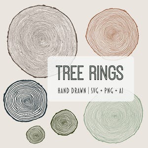 May include: A collection of hand-drawn tree ring illustrations in various sizes and colors, including brown, green, and navy blue. The text "TREE RINGS" is displayed in a bold, outlined font, with "HAND DRAWN | SVG + PNG + AI" below.