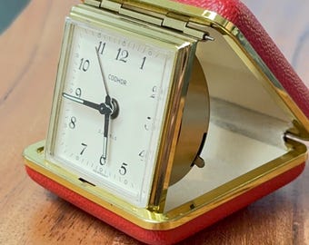 Vintage 1960s Tokyo Clock Red Leather Brass Round Foldable Travel