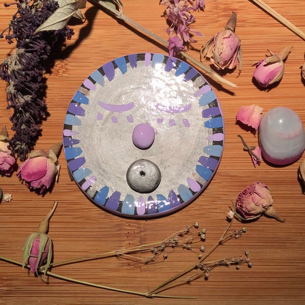 Hand-made and painted Pastel Moon incense holder