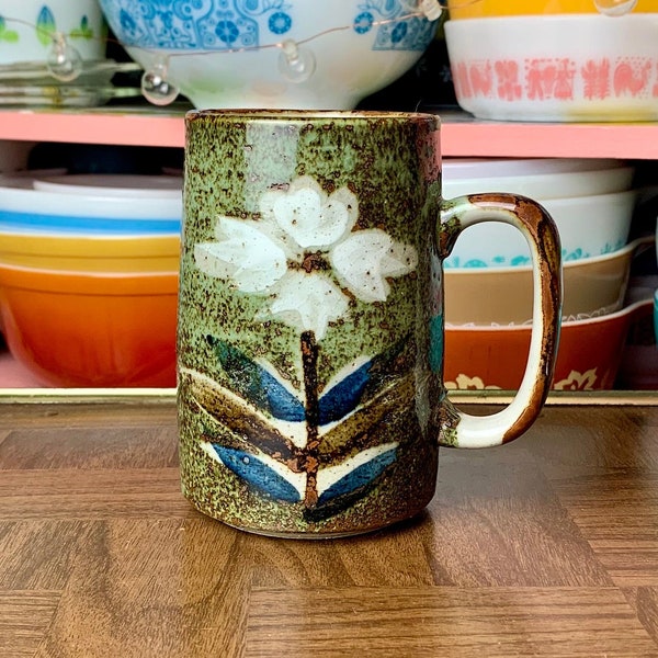 Vintage Otagiri Style Green and White Floral Speckle Glazed Stoneware Tankard Mug | Heavy Ceramic Mugs Fathers Day Gift 1970s