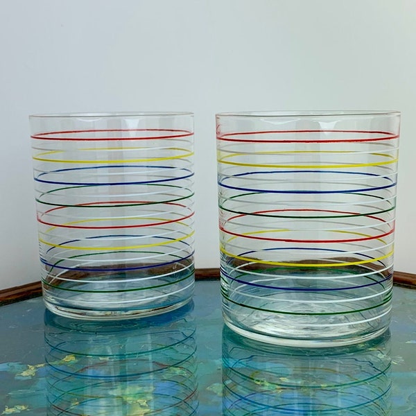 Vintage Primary Colored Striped Double Old Fashioned Glasses 1 Pair Retro Barware 1980s Glass Tumblers