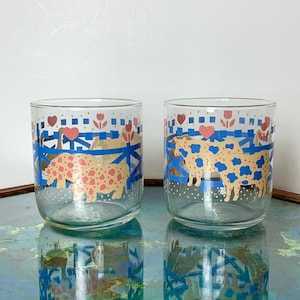 Vintage Libbey 1990s Pastel Farm Animal Juice Glasses Set of Two Cottage Core Farmhouse