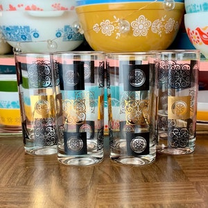 Set of Four Vintage Black and Gold Filigree Square Patterned Tall Clear Glass Tumbler Glasses | Retro 1950s 1960s Barware MCM Mid Century