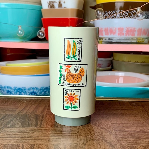 Vintage Loma Industries Chicken and Veggie Patterned Plastic Tumbler Cup | Cute Farmhouse Picnic Camping Retro MCM Mid Century