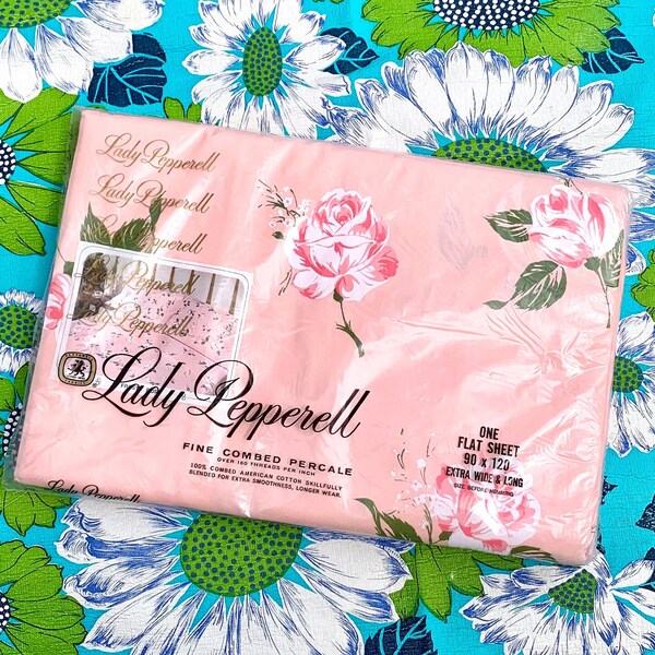 Vintage Lady Pepperell 100% Cotton 90" x 120" Flat Sheet Pink and White Frosty Rose Pattern | Retro Bedroom 1960s 1970s Cute Girly