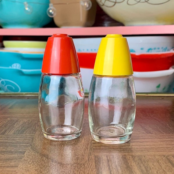 Vintage Gemco Glass Salt and Pepper Shakers with Yellow and Red Plastic Tops | Cute Retro Kitchen Ketchup Mustard Picnicware Diner
