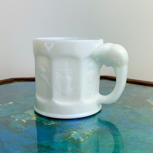 Vintage Imperial Glass Storybook Milk Glass Childs Mug with Elephant Shaped Handle and Fairytale Scenes Heisey Mold