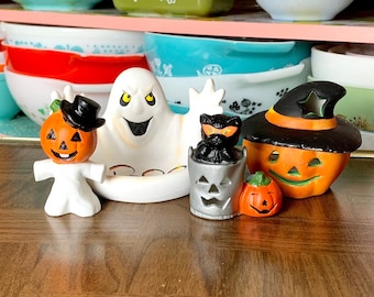 Set of Four 1990s Ceramic Halloween Decorations Includes Ghost Soap Dish Jack o Lantern Tealight Holder and Two Small Figurines | Enesco 80s