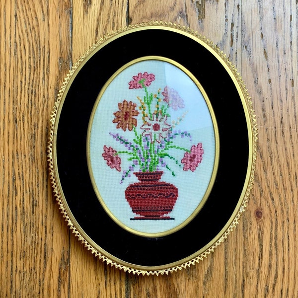 Vintage Flowers in Urn Framed Cross Stitch Embroidery Art 9" Gold Frame with Black Felt Details