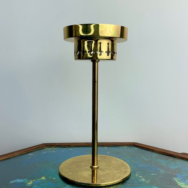 Vintage Hans Agne Jakobsson Markaryd 7.25" Tall Brass Candle Holder with Punched Metal Details (No Globe) Made in Sweden 435 MCM Mid Century