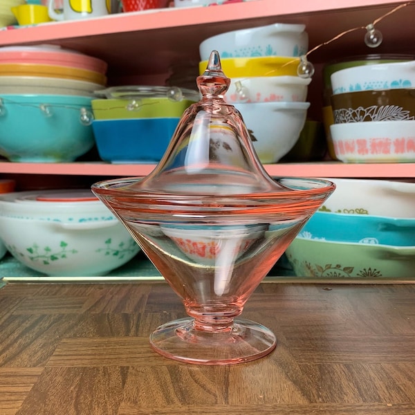 Vintage Pink Depression Glass Candy Dish with Pedestal Foot and Lid with Pointed Finial | Valentine's Decor Atomic Style Retro