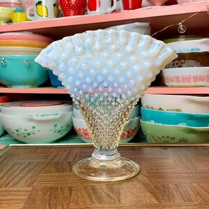 Vintage Opalescent and Clear Hobnail Fenton Glass Fan Vase 8&quot; Tall | Retro Witchy Decor Winter Display Floral Arrangement