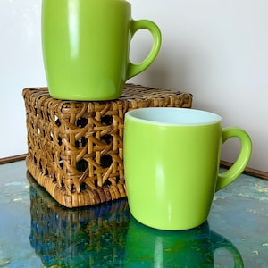 Vintage Bright Green Hazel Atlas Milk Glass Coffee Mugs 1 Pair Retro Cute Mug MCM Mid Century Kitchenware Fire King Style