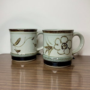 Vintage Speckled Stoneware Black and Grey Ceramic Mugs with Hand Painted Floral and Leaf Designs 1 Pair