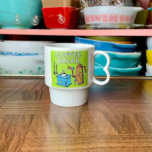 Vintage Porcelain Coffee Break Stackable Mug with Green Blue and Orange Colonial Kitchen Motif Made in Japan | Cute Retro Kitchen