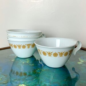 Vintage Corelle Butterfly Gold Pyrex Compatibles Teacups Set of 4 Milk Glass Retro MCM Mid Century