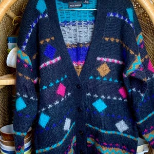 Vintage Paul Harris Black Pink Yellow and Blue Funky Cardigan Sweater 50/50 Acrylic/Wool Mohair Blend Oversized Size Small | 1980s 1990s