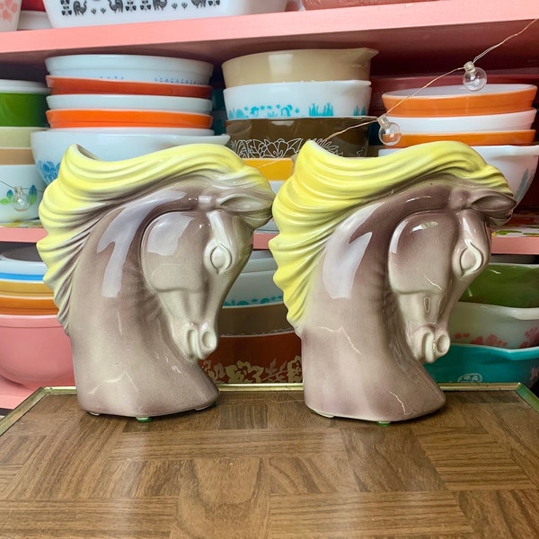 Pair of Vintage Royal Copley Ceramic Brown and Yellow Horse Head Vases or Planters | 1950s Bookends Office Decor MCM Mid Century