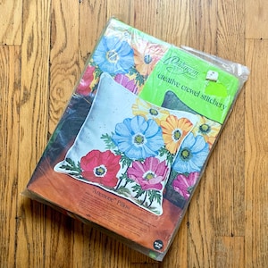 Vintage Paragon Needlecraft Floral Anemone Pillow Cover Crewel Embroidery Kit for 14&quot; x 14&quot; Pillow Form New in Package 1974 Craft Kits