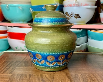 Gorgeous Vintage Avocado Green Blue and Gold Rosenthal Netter for Bitossi Italian Pottery Urn | MCM Mid Century Jar Rare Ceramics 1960s