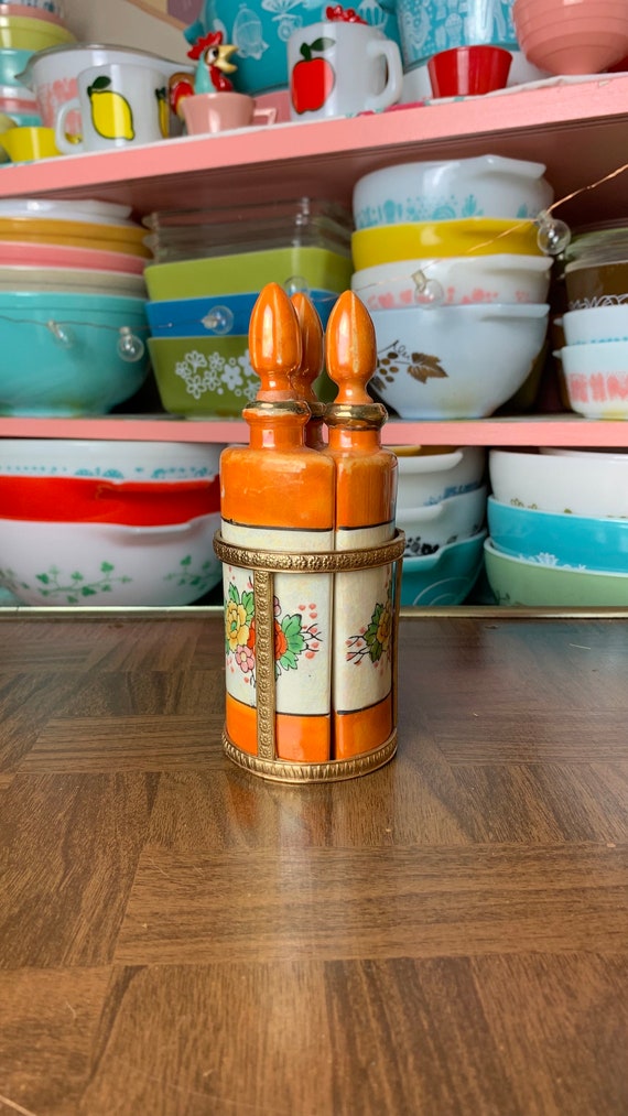 Vintage Hand Painted Ceramic 3 Bottle Perfume Set 