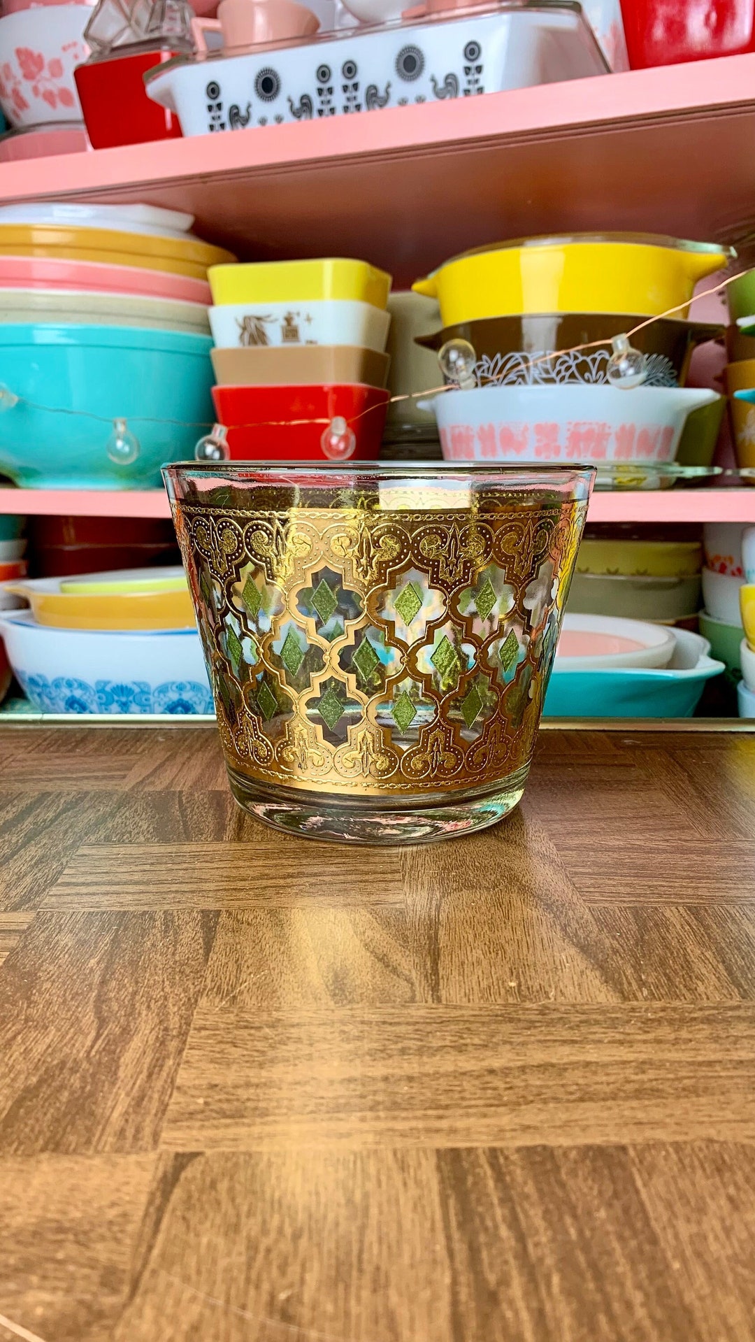 Vintage Culver Glass Valencia Ice Bucket 4.75 Tall With Gold and Green