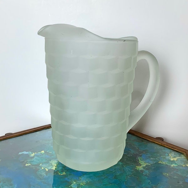 Vintage Frosted Glass Whitehall Colony Style Ice Lip Pitcher Indiana Glass Cubist Iced Tea