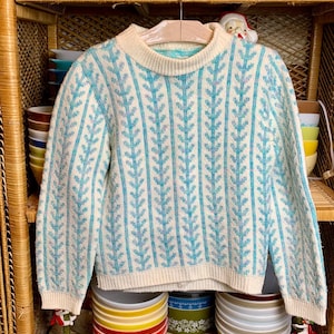 Cute Vintage White and Pastel Blue Striped Knit Pullover Sweater | Winter Cozy Sweaters 1970s 1980s Womens Preppy Style